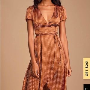 Lulus burnt orange, polka dot wrap dress, XS